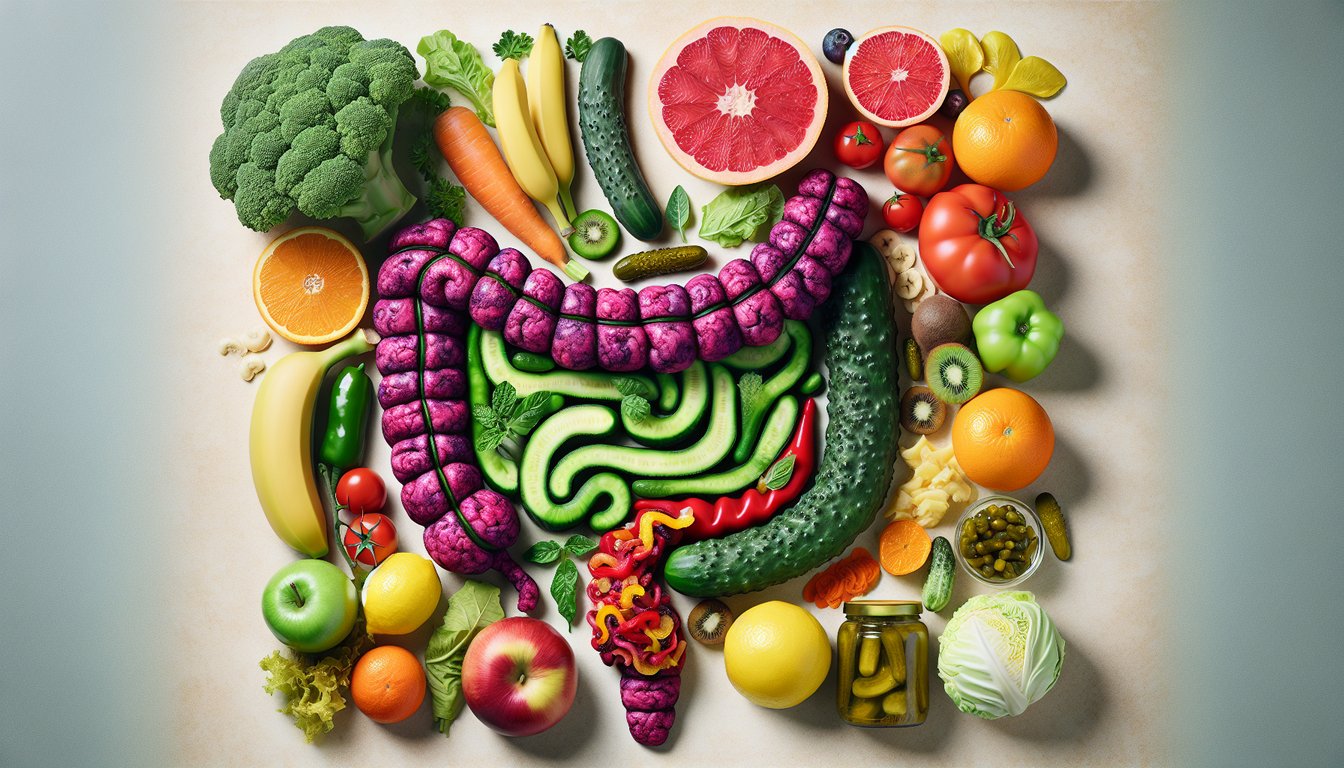 A vibrant, close-up image of a variety of colorful, fresh fruits, vegetables, and fermented foods artistically arranged to form the shape of a healthy human gut, highlighting the connection between gut-friendly foods and overall wellness.